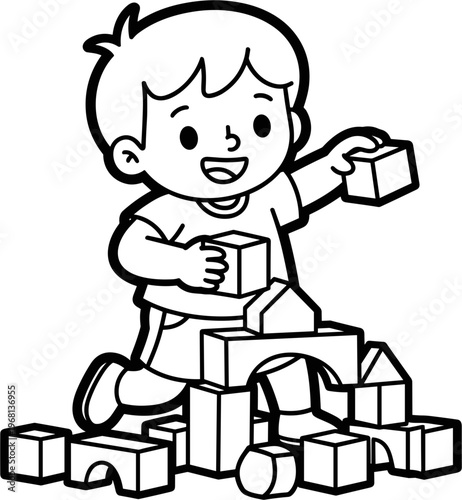 Little Boy Playing With Blocks.