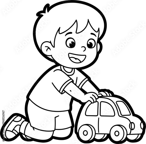 Little boy playing with toy car.