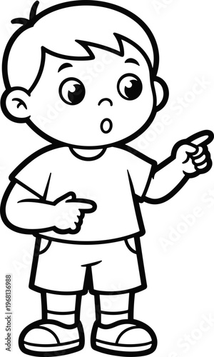 Little boy pointing and looking surprised.