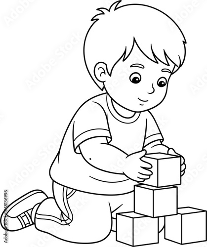 Little boy playing with wooden blocks.