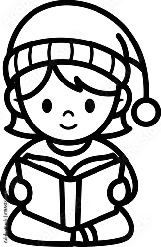 Little girl wearing Santa hat reading.