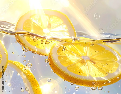 A refreshing scene of lemon slices in water with sunlight