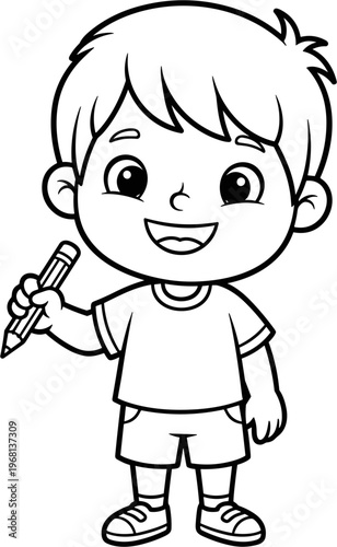 Smiling boy holding a pencil.