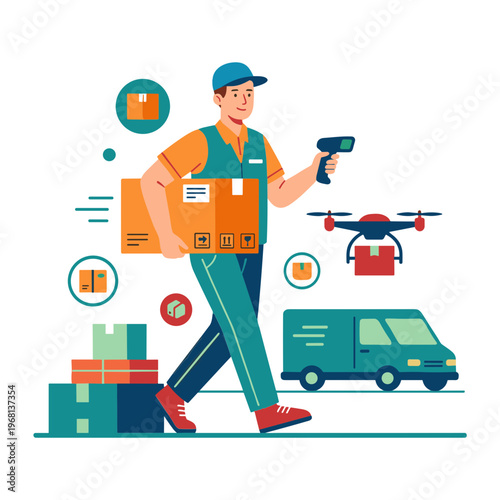 Delivery man with drone and packages walks to van for efficient logistics