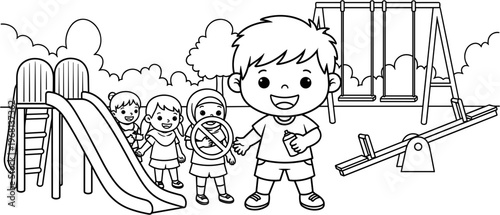 Smiling Boy Holding Toy Outdoors Playground.