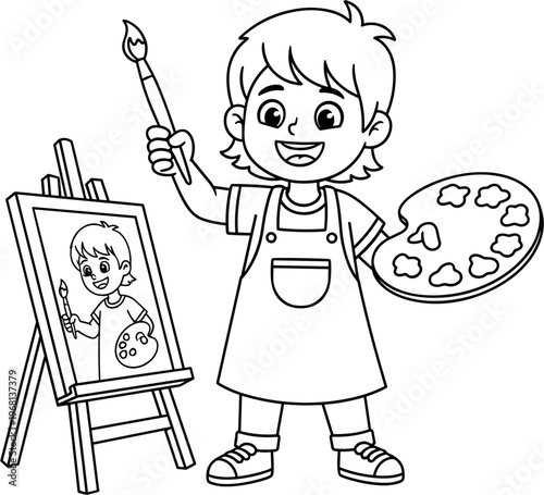 Smiling Boy Holding Paint Brush Palette.