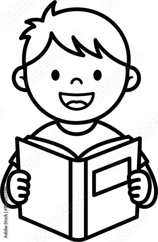 Smiling boy reading a book.