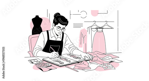 Fashion Designer Sketching, Creating Garment Designs