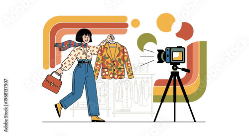 Fashion Influencer Filming Outfit Presentation with Camera and Clothes Racks