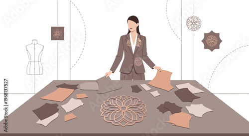 Fashion Designer Working with Fabric Samples and Mannequin in Studio