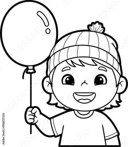 Smiling child holding a balloon high.