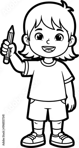 Smiling child holding a crayon.