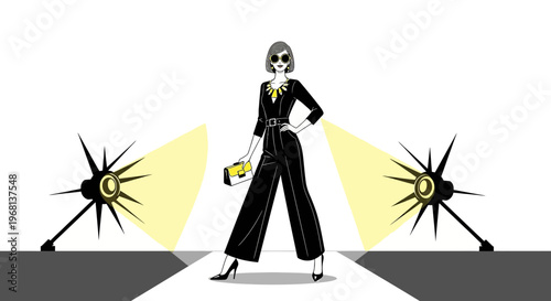 Fashion Model On Runway, Spotlight, Black Jumpsuit, Sunglasses, Glamorous Style