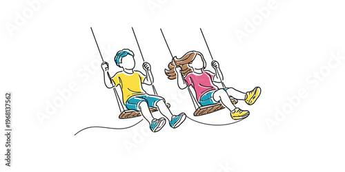 Line art drawing of a child playing on a swing in a park with joyful and carefree expression. One continuous line drawing for childhood concept, outdoor activity, and playful moment.