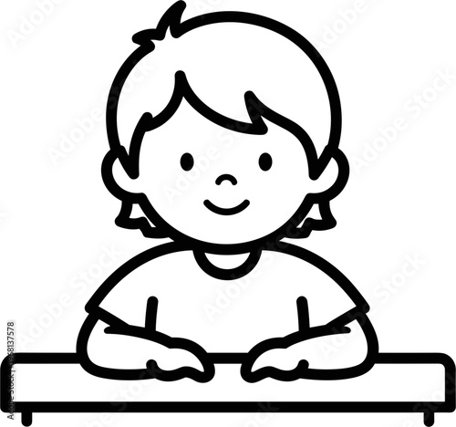 Smiling child sitting at table desk.