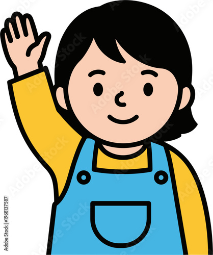 Smiling child waving hand up high.