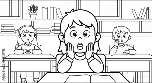 Surprised girl sitting at classroom desk.