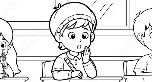 Surprised young boy in classroom setting.