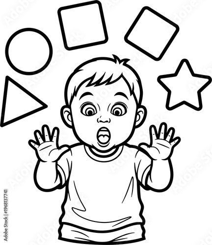 Surprised Toddler with Shapes Floating Above.