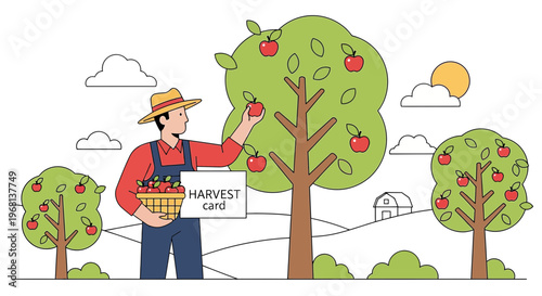 Farmer Harvesting Apples from Tree in Orchard - Organic Farm Illustration