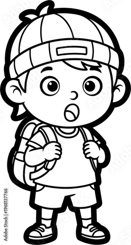 Surprised young boy wearing backpack.