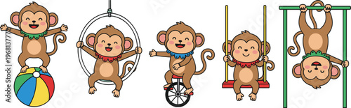 Cute circus monkey characters performing tricks with ball, hoop, swing and bars, funny cartoon animals entertainment vector illustration collection isolated