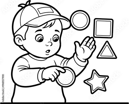 Toddler playing with geometric shapes toy.