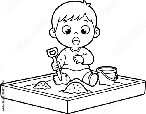 Toddler Playing with Sand and Shovel.