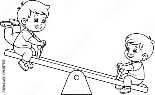 Two boys playing on seesaw outdoors.