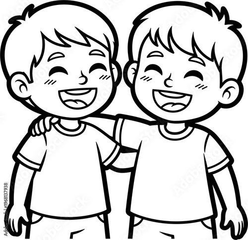 Two boys smiling and standing together.