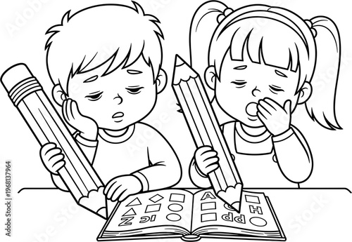 Two children holding large pencils studying.