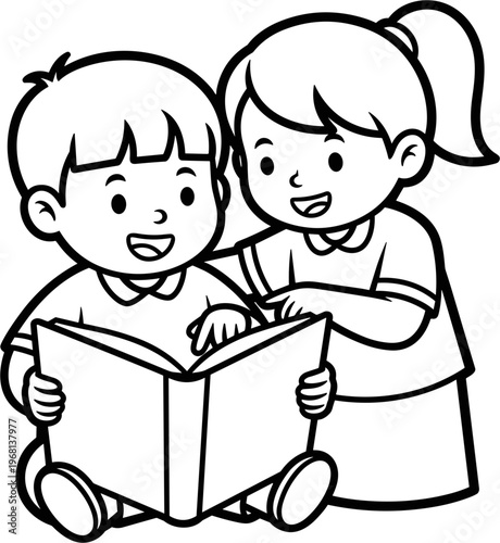 Two children reading a book together 1.