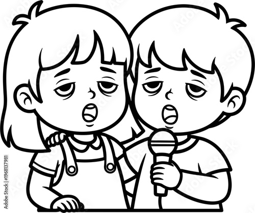 Two children singing into microphone.