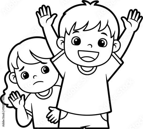 Two children waving with smiles.