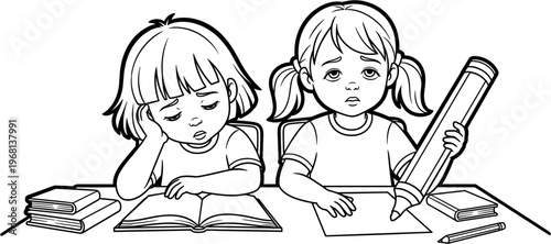 Two Girls Studying at Desk Together.