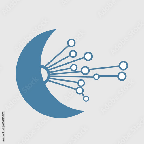 A blue crescent shape with radiating lines and circles, symbolizing communication or network technology.