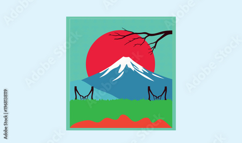 Japanese landscape vector illustration, snow capped mountain with red sun and cherry blossom branch, minimalist nature scenery poster design