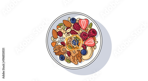 A vibrant overhead illustration of a nutritious breakfast bowl. It's packed with colorful fresh berries, crunchy almonds, walnuts, cashews, and