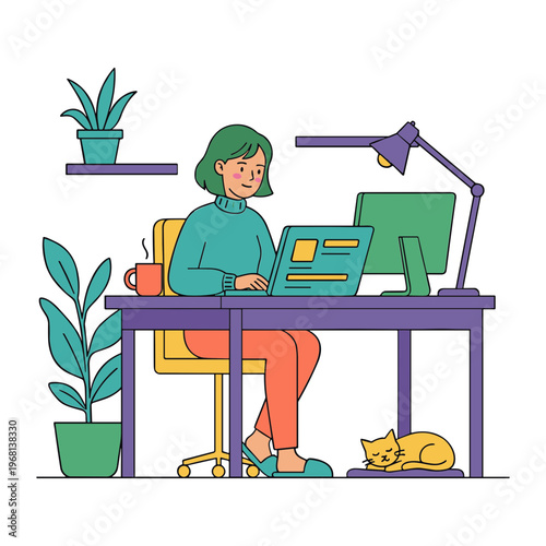 Woman sitting at desk working on laptop with cat and plants nearby