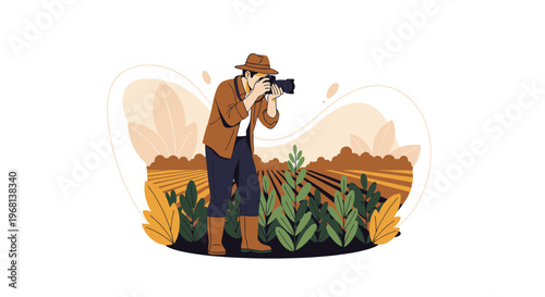 Farmer Photographer Capturing Rural Field Landscape with Camera