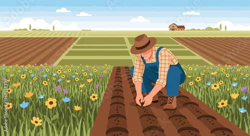 Farmer planting seeds in fertile soil, blooming wildflowers, and agricultural fields