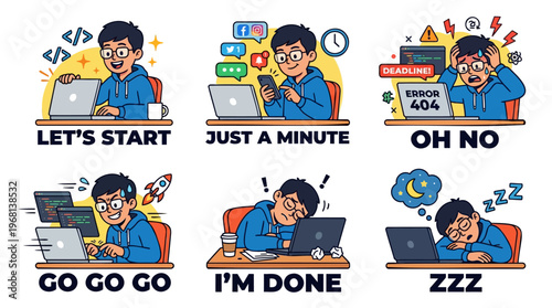 Student programmer life cartoon sticker set flat vector featuring coding motivation procrastination on phone deadline panic error 404 rushing to finish exhausted burnout and sleeping on laptop
