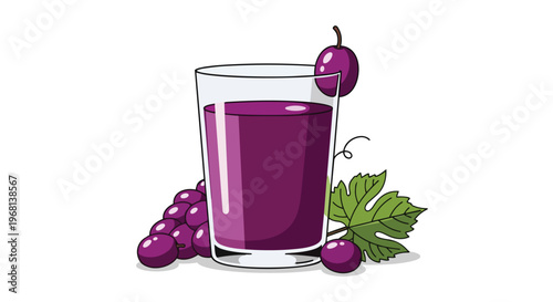 Cartoon illustration of a refreshing glass of deep purple grape juice, decorated with ripe berries and a fresh green vine leaf, embodying healthy