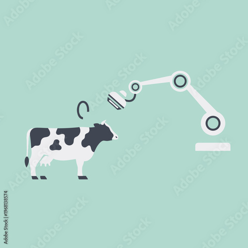 A robotic arm is shown milking a black and white cow in an automated dairy farming illustration.
