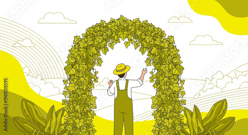 Farmer tending lush green vine archway in sunny field, agricultural concept
