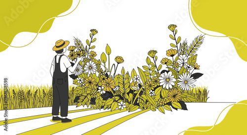 Farmer tending to bountiful floral garden, organic farming and nature concept