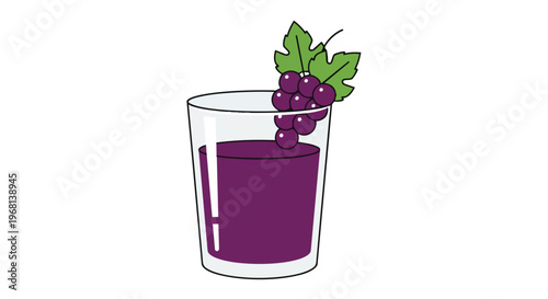 Vivid illustration of a clear drinking glass brimming with rich purple grape beverage, elegantly adorned with a lush cluster of fresh grapes and a