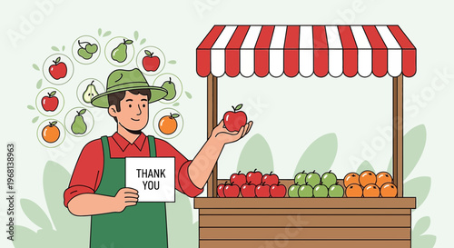 Farmer with Fresh Fruit Display, Thank You Sign, Local Produce Market Stall