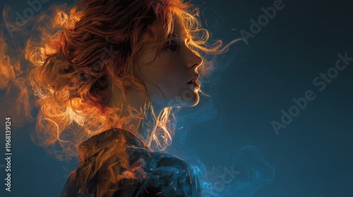 Head-and-shoulders illustration of a dark-haired woman with fiery hair elements and glowing embers