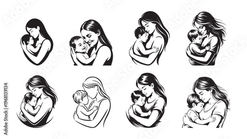 Set of mother and child embracing, tender moments, motherhood love illustrations.